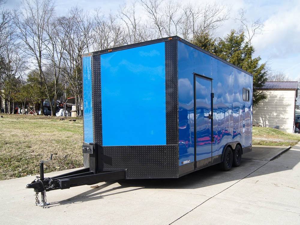 8.5x18 Blue V-Nose Slant Top Enclosed Trailer with Blackout Package